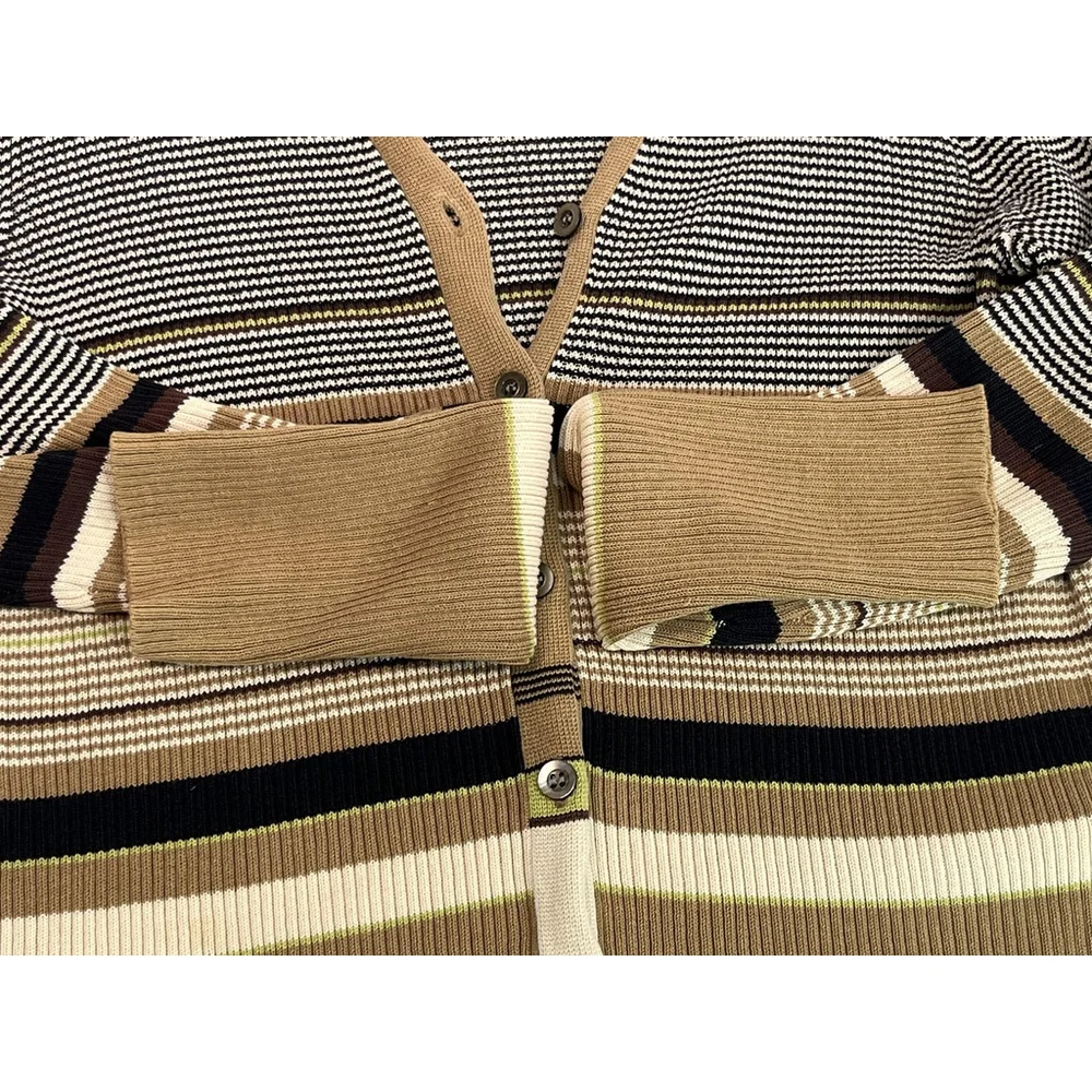 Y2k J. Crew Cardigan Sweater Medium Brown V‎ Neck Button Striped Office Siren